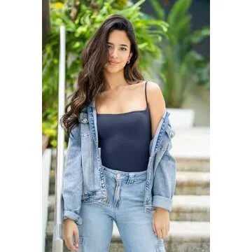 SUUKSESS Women Sexy Square Neck Thong Bodysuit Backless Sleeveless Basic Cami Body Suit Top (Navy Blue, M)