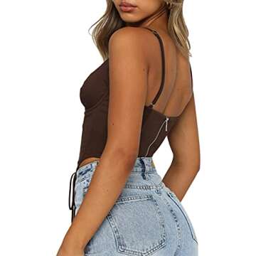 Women Corset Crop Top Sexy Y2k Push Up Slim Cami Bushier E-Girl Solid Color PU Leather Lace Up Camisole Clubwear (Brown Lace-up, Small)