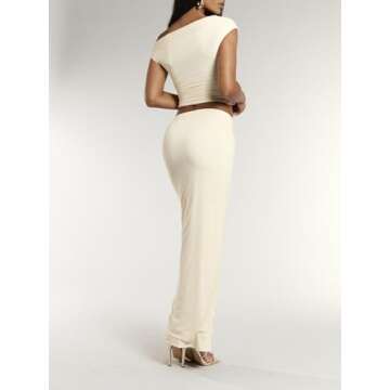 BEAUDRM Women's Elegant Sexy 2 Piece Outfits Mesh One Off Shoulder Ruched Crop Top and Maxi Skirt Long Bodycon Skirt Sets Apricot Small