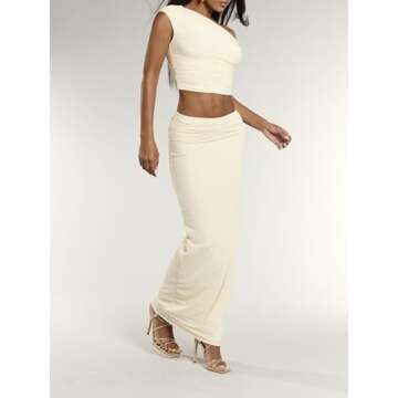 BEAUDRM Women's Elegant Sexy 2 Piece Outfits Mesh One Off Shoulder Ruched Crop Top and Maxi Skirt Long Bodycon Skirt Sets Apricot Small