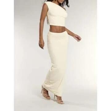 BEAUDRM Women's Elegant Sexy 2 Piece Outfits Mesh One Off Shoulder Ruched Crop Top and Maxi Skirt Long Bodycon Skirt Sets Apricot Small