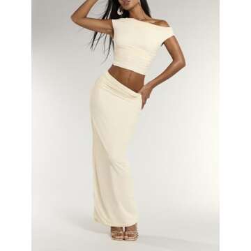 BEAUDRM Women's Elegant Sexy 2 Piece Outfits Mesh One Off Shoulder Ruched Crop Top and Maxi Skirt Long Bodycon Skirt Sets Apricot Small