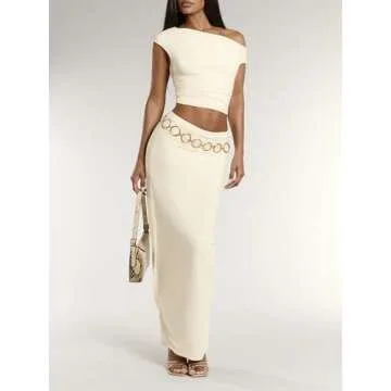 BEAUDRM Women's Elegant Sexy 2 Piece Outfits Mesh One Off Shoulder Ruched Crop Top and Maxi Skirt Long Bodycon Skirt Sets Apricot Small