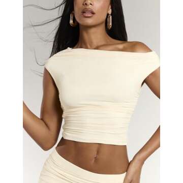 BEAUDRM Women's Elegant Sexy 2 Piece Outfits Mesh One Off Shoulder Ruched Crop Top and Maxi Skirt Long Bodycon Skirt Sets Apricot Small