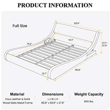 SHA CERLIN Modern Low Profile Platform Bed Frame Full Size, Stylish Faux Leather Upholstered Sleigh ...
