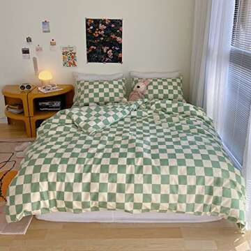 Wellboo Green White Plaid Comforter Sets King Women Men Sage Green Checkerboard Grid Bedding Comfort...