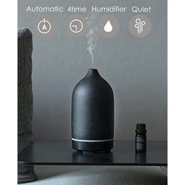 Essential Oil Diffuser,Handcrafted Ceramic Diffuser for Home,Ultrasonic Cool Mist Air Diffuser, 9 Colors Night Light with Timer (Black)