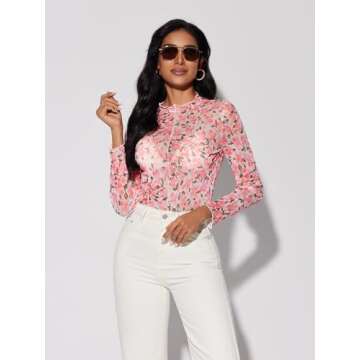 Women Floral Mesh Top - See Through Long Sleeve Ruffle Design for Casual Fashion 2025