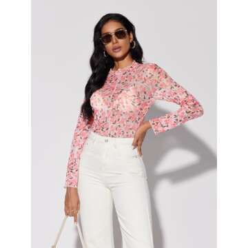 Floral Mesh Long Sleeve Top for Stylish Women 2025