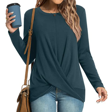 HOTGIFT Women's Casual Long Sleeve Tunic Tee - Comfy Crewneck, Grey Blue