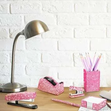 Teling 10 Pcs Bling Office Accessories for Desk Bling Crystal Office Supplies Set Desk Accessory Kit Glitter Stapler Staple Remover Tape Dispenser Diamond Pen Scissors for Women Home(Pink)