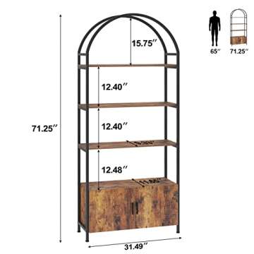 Jehiatek Arched Bookshelf, Bookcase with Doors Storage, 71 Inches Tall Industrial Book Shelf with St...