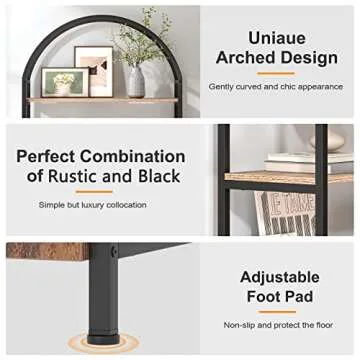 Jehiatek Arched Bookshelf, Bookcase with Doors Storage, 71 Inches Tall Industrial Book Shelf with Sturdy Metal Frame, E1 Quality Boards, Freestanding Display Shelving Unit, Rustic Brown