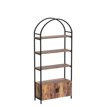 Jehiatek Arched Bookshelf, Bookcase with Doors Storage, 71 Inches Tall Industrial Book Shelf with Sturdy Metal Frame, E1 Quality Boards, Freestanding Display Shelving Unit, Rustic Brown