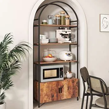Jehiatek Arched Bookshelf, Bookcase with Doors Storage, 71 Inches Tall Industrial Book Shelf with Sturdy Metal Frame, E1 Quality Boards, Freestanding Display Shelving Unit, Rustic Brown