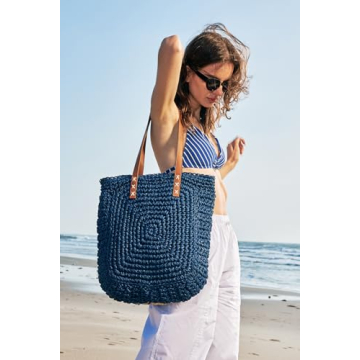 Kiss Sea Straw Beach Bag Womens Tote Bag Travel Beach Bag Rattan Wicker Purses Straw Beach Bags for Women Packable Beach Bag Woven Rattan Bag Cute Bags for Women Straw Bags Womens Purses and Handbags