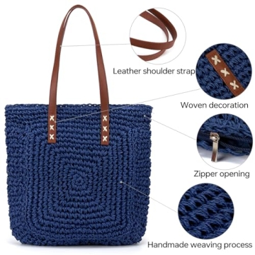 Kiss Sea Straw Beach Bag Womens Tote Bag Travel Beach Bag Rattan Wicker Purses Straw Beach Bags for Women Packable Beach Bag Woven Rattan Bag Cute Bags for Women Straw Bags Womens Purses and Handbags