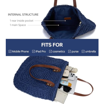 Kiss Sea Straw Beach Bag Womens Tote Bag Travel Beach Bag Rattan Wicker Purses Straw Beach Bags for Women Packable Beach Bag Woven Rattan Bag Cute Bags for Women Straw Bags Womens Purses and Handbags