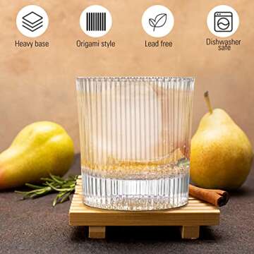 Triplorare Ribbed Glassware Set of 6, 9.5Oz Rocks Glasses, Ribbed Drinking Glasses, Vintage Ribbed Glasses, Origami Glass Cups for Whiskey, Cocktail, Mixed Drink
