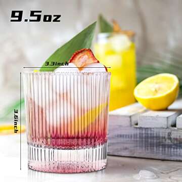 Triplorare Ribbed Glassware Set of 6, 9.5Oz Rocks Glasses, Ribbed Drinking Glasses, Vintage Ribbed Glasses, Origami Glass Cups for Whiskey, Cocktail, Mixed Drink