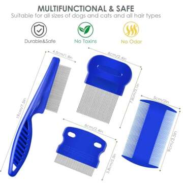 BRILLIRARE 4 Pack Flea Lice Comb, Stainless Steel Dog Cat Grooming Combs with Rounded Teeth, Double Sided Professional Pet Tear Stain Remover, Dematting Tool for Small, Medium & Large Pets