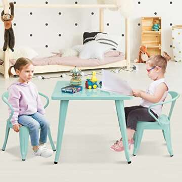 Costzon Kids Table and 2 Chair Set for Indoor/Outdoor Use, Steel Table and Stackable Chairs, Prescho...