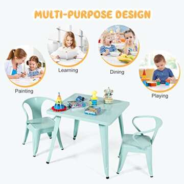 Costzon Kids Table and 2 Chair Set for Indoor/Outdoor Use, Steel Table and Stackable Chairs, Preschool, Bedroom, Playroom, Home, Furniture for Toddlers Boys & Girls(Mint Green, Table & Chairs)