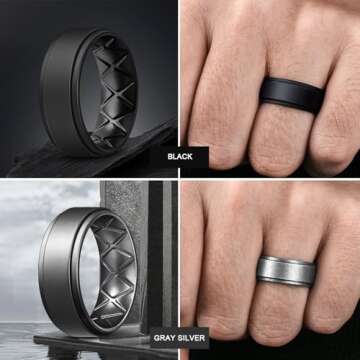 Egnaro Silicone Wedding Rings Mens, Inner Arc Breathable Design Silicone Rings for Men, 7 Rings / 4 Rings / 1 Ring Step Edge Rubber Wedding Engagement Bands Comfort for Workout, 8mm Wide-2mm Thick