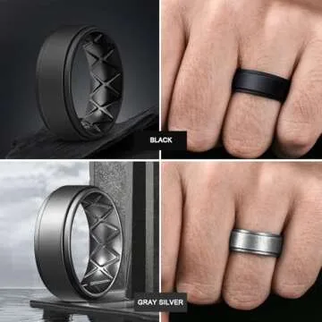 Egnaro Silicone Wedding Rings Mens, Inner Arc Breathable Design Silicone Rings for Men, 7 Rings / 4 Rings / 1 Ring Step Edge Rubber Wedding Engagement Bands Comfort for Workout, 8mm Wide-2mm Thick