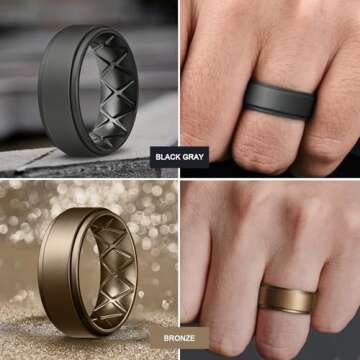 Egnaro Silicone Wedding Rings Mens, Inner Arc Breathable Design Silicone Rings for Men, 7 Rings / 4 Rings / 1 Ring Step Edge Rubber Wedding Engagement Bands Comfort for Workout, 8mm Wide-2mm Thick