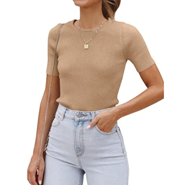 ZESICA Women’s Short Sleeve Crewneck Ribbed Knit T-Shirt – Chic Summer Style