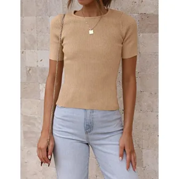 ZESICA Summer Ribbed Knit T-Shirt for Women