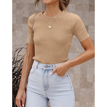 ZESICA Summer Ribbed Knit T-Shirt for Women