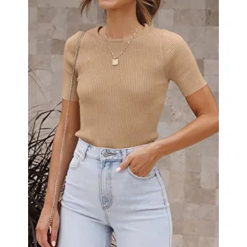 ZESICA Summer Ribbed Knit T-Shirt for Women