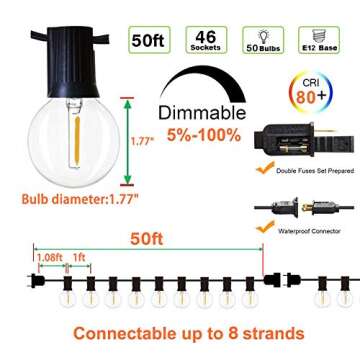 Svater 50-Foot Weather Proof Glass Patio and Garden Outdoor LED String Lights, includes 1 Watt Antique ‎G40 Bulbs and Dimmable, Warm White