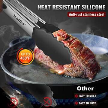 Walfos Kitchen Tongs - Heat Resistant Cooking Tongs Set of 3, Stainless Steel and BPA Free Silicone ...