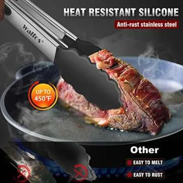 Walfos Kitchen Tongs - Heat Resistant Cooking Tongs Set of 3, Stainless Steel and BPA Free Silicone ...