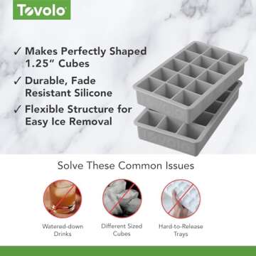 Tovolo Perfect Ice Mold Freezer Tray of 1.25" Cubes for Whiskey Bourbon, Spirits & Liquor, BPA-Free Silicone, Fade Resistant, Set of 2, 2 Pack, Oyster Gray