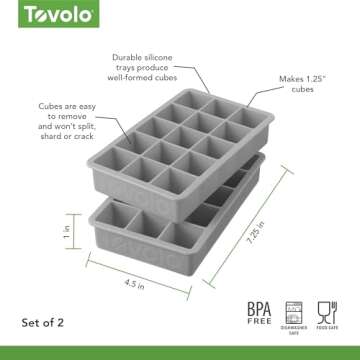 Tovolo Perfect Ice Mold Freezer Tray of 1.25" Cubes for Whiskey Bourbon, Spirits & Liquor, BPA-Free Silicone, Fade Resistant, Set of 2, 2 Pack, Oyster Gray