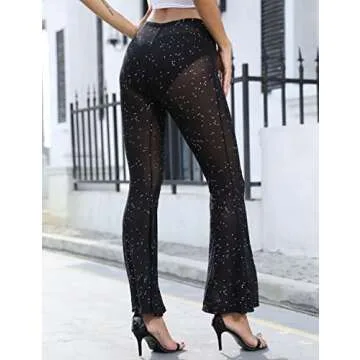 Anlaey Women's Rave Mesh Sheer Sparkly Pants Sequin Flared Bell Bottom Pants Sexy Rave Outfits for Festival Dance Clubwear