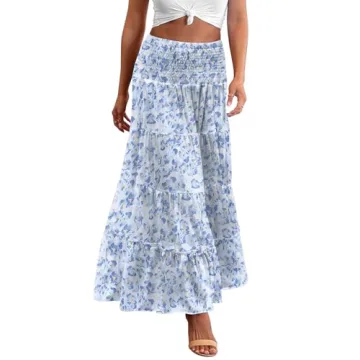 Zeagoo Women's Summer Boho Elastic High Waist Floral Printed A-line Tiered Midi Dress Maxi Skirt M