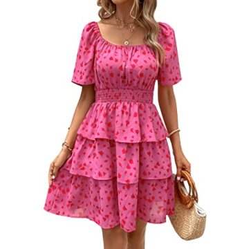 PRETTYGARDEN Women's 2025 Floral Summer Short Dress - Square Neck, Short Sleeve, Stylish Tiered Ruff...