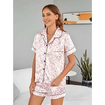 WDIRARA Women's 2 Piece Sleepwear Satin Striped Short Sleeve Shirt and Shorts Pajama Set Pale Pink S