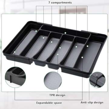 Silverware Drawer Organizer, Expandable Kitchen Drawer Organizer Utensil Drawer Organizer Cutlery Drawer Adjustable Utensil Tray Flatware Tray for Forks Spoons Knife Organizer(Large, Gray Black)