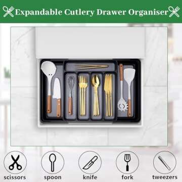 Silverware Drawer Organizer, Expandable Kitchen Drawer Organizer Utensil Drawer Organizer Cutlery Drawer Adjustable Utensil Tray Flatware Tray for Forks Spoons Knife Organizer(Large, Gray Black)