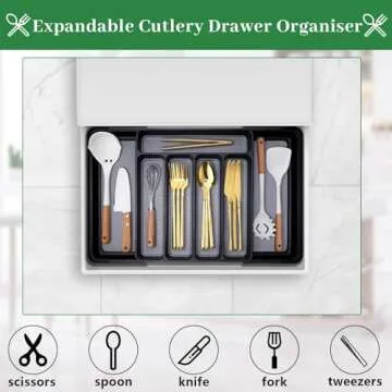 Silverware Drawer Organizer, Expandable Kitchen Drawer Organizer Utensil Drawer Organizer Cutlery Drawer Adjustable Utensil Tray Flatware Tray for Forks Spoons Knife Organizer(Large, Gray Black)