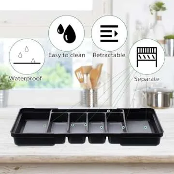 Silverware Drawer Organizer, Expandable Kitchen Drawer Organizer Utensil Drawer Organizer Cutlery Drawer Adjustable Utensil Tray Flatware Tray for Forks Spoons Knife Organizer(Large, Gray Black)