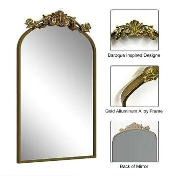 SMIROR 24x36 Ornate Vintage Mirror, Gold Arched Antique Mirror for Bathroom Wall, Baroque Inspired, Metal Frame, Anti-Rust and Anti-Corrosion