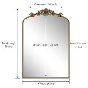 SMIROR 24x36 Ornate Vintage Mirror, Gold Arched Antique Mirror for Bathroom Wall, Baroque Inspired, Metal Frame, Anti-Rust and Anti-Corrosion