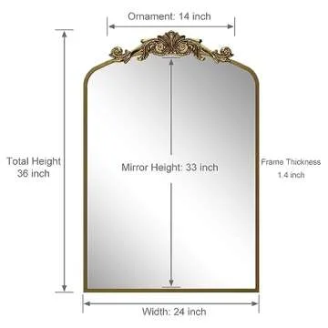 SMIROR 24x36 Ornate Vintage Mirror, Gold Arched Antique Mirror for Bathroom Wall, Baroque Inspired, Metal Frame, Anti-Rust and Anti-Corrosion